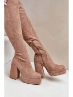 Kozaki Z Cholewką Za Kolano Na Słupku I Platformie Beżowe Nadelian