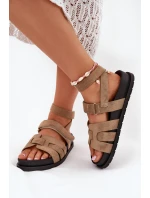 Eko Zamszowe Sandały Damskie Z Rzepami Ciemnobeżowe Valpera