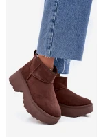Śniegowce Damskie Niskie Wsuwane Ocieplane Futerkiem Brązowe Mavelle