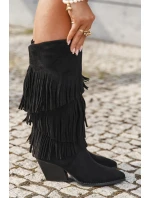 Ocieplane Kozaki Kowbojki Damskie Z Frędzlami Czarne Brivina