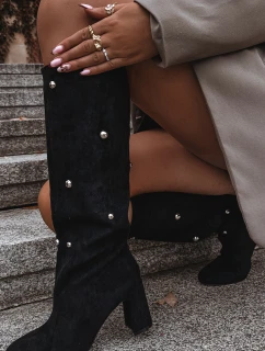 Kozaki Damskie Ocieplane Na Słupku Z Ozdobnymi Detalami Czarne Lucinda