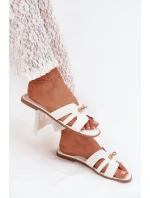 Płaskie Klapki Damskie Z Paseczkiem I Złotym Detalem Białe Kerenza