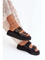 Eko Skórzane Klapki Damskie Na Platformie Z Klamrami Czarne Xanivia