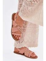 Sandały Damskie Na Płaskim Obcasie Ze Złotymi Ćwiekami Różowe Zanira