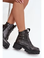Skórzane Lakierowane Botki Damskie Z Ozdobą Ocieplane Artiker 57C2081 Grafitowe
