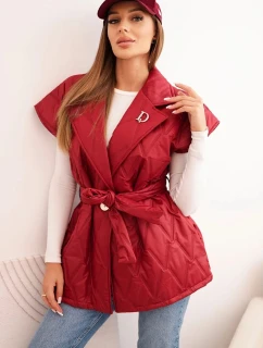 Dámska prešívaná vesta s opaskom a širokým golierom bordová