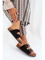 Klapki Damskie Na Korkowej Platformie Ze Złotymi Klamrami Czarne Lisavionea