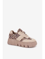 Zamszowe Ocieplane Sneakersy Damskie Na Masywnej Platformie Vinceza 66841 Panterka Beżowe