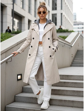 Dámsky dvojradový kabát s kapucňou svetlo béžový FashionStreet TY5655