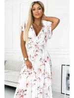 434-4 LISA Plisované midi šaty s výstrihom a volánmi - broskyňový kvet na bielom pozadí 434-4 LISA Plisované midi šaty s výstrihom a volánmi - broskyňový kvet na bielom pozadí