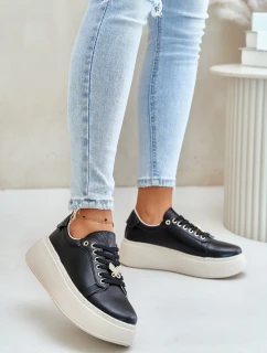 Skórzane Sneakersy Damskie Na Platformie Z Przypinką Vinceza 89101 Czarne