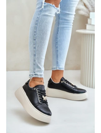 Skórzane Sneakersy Damskie Na Platformie Z Przypinką Vinceza 89101 Czarne