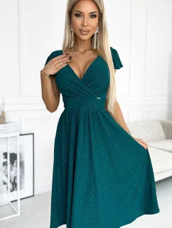 425-6 MATILDE Šaty s výstrihom a krátkymi rukávmi - ZELENÉ s trblietkami