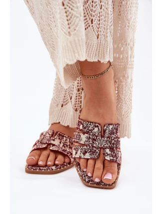 Zdobione Klapki Na Płaskim Obcasie Bordowe Anniles