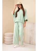 Dámsky viskózový komplet so širokými nohavicami a voľnou blúzkou tmavá mentolová