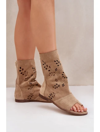 Zazoo 3437 Damskie Zamszowe Sandały Z Cholewką Na Zamek Beżowe