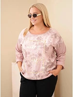 Dámska bavlnená blúzka Plus Size s potlačou a výstrihom do U, tmavo ružová, púdrová Dámska bavlnená blúzka Plus Size s potlačou a výstrihom do U, tmavo ružová, púdrová