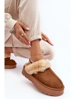 Skórzane Zamszowe Kapcie Damskie Na Platformie Z Futerkiem Camel Sophienne