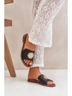 Skórzane Klapki Z Ozdobą Na Płaskim Obcasie Zazoo 3047/O Czarne