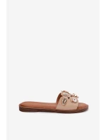 Klapki Damskie Na Płaskim Obcasie Ze Złotymi Przypinkami Beżowe Nalothiel