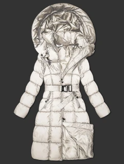 Dlhá hrubá zimná bunda s prúžkom v odtieni ecru (P3-6033-12)