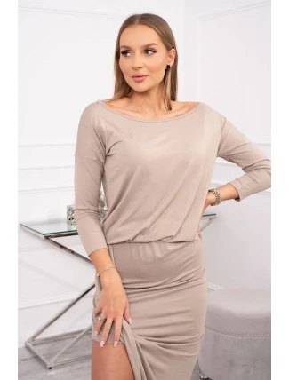 Asymetrické šaty, 3/4 rukávy, tmavo béžové