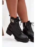 Skórzane Botki Workery Damskie Na Klocku Z Ozdobnym Detalem Artiker 57C0214 Czarne