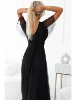 562-3 NASTIA Dlhé šaty s výstrihom a krátkymi rukávmi - BLACK