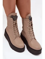 Skórzane Botki Damskie Z Ozdobą Ocieplane Beżowe Ulrika