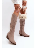 Zazoo 2909 Zamszowe Kozaki Ażurowe Na Niskim Obcasie Beżowe