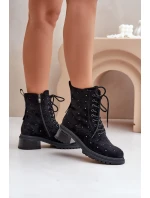 Zdobione Botki Workery Damskie Ocieplane D&A MR880-017 Czarne