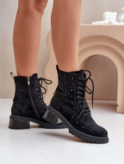 Zdobione Botki Workery Damskie Ocieplane D&A MR880-017 Czarne