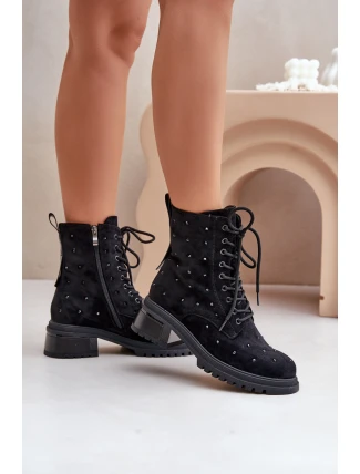 Zdobione Botki Workery Damskie Ocieplane D&A MR880-017 Czarne