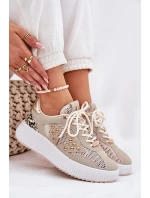 Buty Sportowe Damskie Z Siateczką I Ćwiekami Beżowe Ogalda