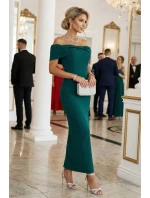 644-1 Zmyselné španielske midi šaty s mašľou vo výstrihu - fľaškovo zelené