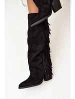 Kozaki Kowbojki Damskie Z Frędzlami Na Słupku Czarne Tivara