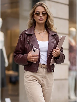 Dámska kožená bunda v štýle Ramones v bordovej farbe FashionStreet TY5952