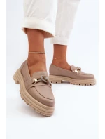 Skórzane Mokasyny Damskie Z Ozdobą Laura Messi 2780 Ciemnobeżowe