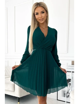 313-14 ISABELLE Plisované šifónové šaty s výstrihom - ZELENÉ