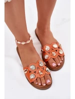 Klapki Damskie Na Płaskim Obcasie Ze Złotymi Przypinkami Pomarańczowe Nalothiel