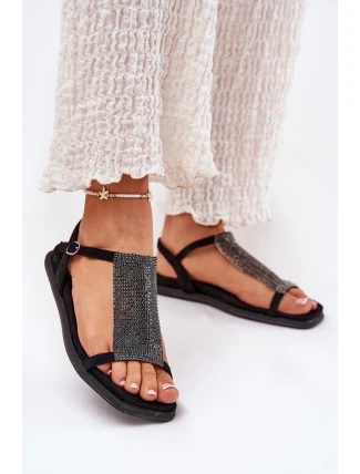 Płaskie Eleganckie Sandały Damskie Z Kryształkami Artiker 56C1370 Czarne