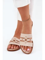 Płaskie Klapki Damskie Ze Złotym Detalem Beżowe Noroti