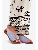 Sandały Damskie Z Ozdobą Na Płaskim Obcasie Eko Zamszowe Niebieskie Ralisses