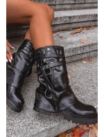 Kozaki Damskie Z Wywiniętą Cholewką Do Połowy Łydki Z Paskiem Czarne Darisa