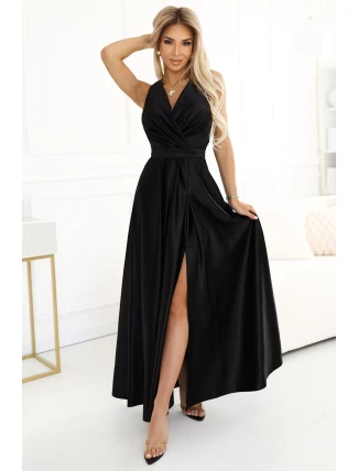 587-2 MONIQUE dlhé exkluzívne saténové šaty s výstrihom a rozparkom na nohách - ČIERNE