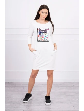 Šaty s 3D grafikou mačky ecru