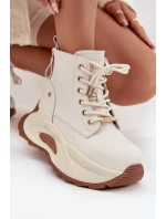 Skórzane Ocieplane Botki Damskie Na Platformie GOE SS2N4300 Jasnobeżowe