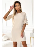 217-10 NEVA Trapézové šaty s rozšírenými rukávmi - béžové s trblietkami