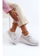 Ażurowe Damskie Sneakersy Na Koturnie Skóra Naturalna Jasnoszare S.Barski LR482