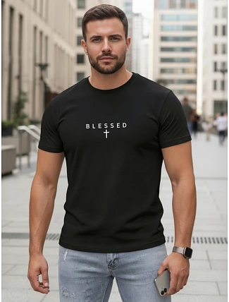 Pánske bavlnené tričko s potlačou BLESSED čierne FashionStreet NX5124R